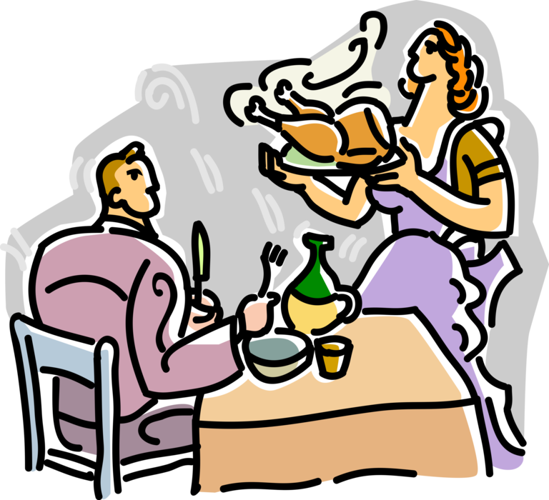 Vector Illustration of Family Sits Down to Thanksgiving Turkey at Dinner Table