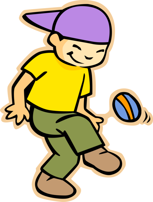 Vector Illustration of Primary or Elementary School Student Boy Playing with Ball During Recess