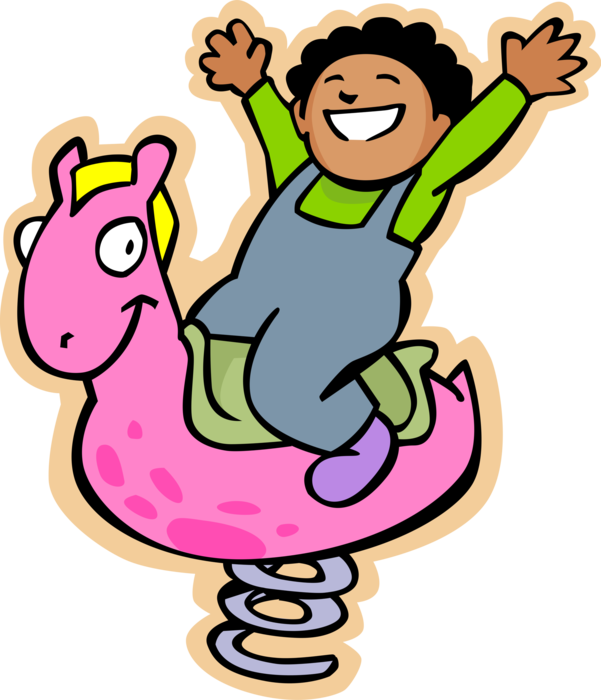 Vector Illustration of Primary or Elementary School Student Boy Rides Spring Toy at Playground Park