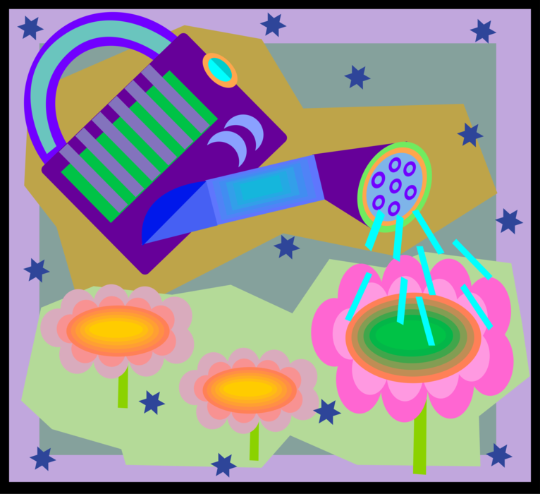 Vector Illustration of Watering Can with Flowers Growing in Garden