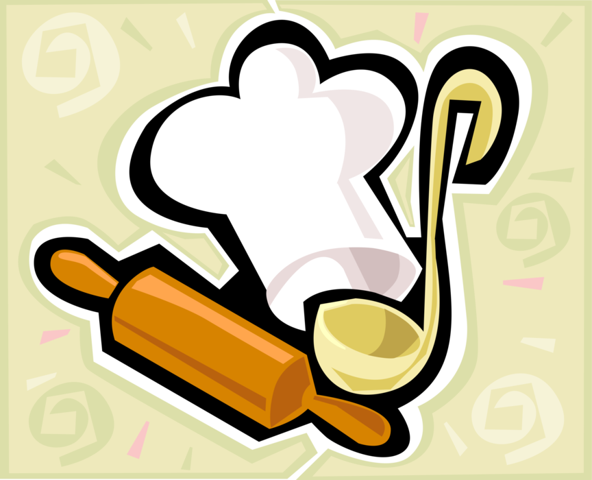 Vector Illustration of Culinary Cuisine Chef's White Hat, Rolling Pin, and Soup Ladle
