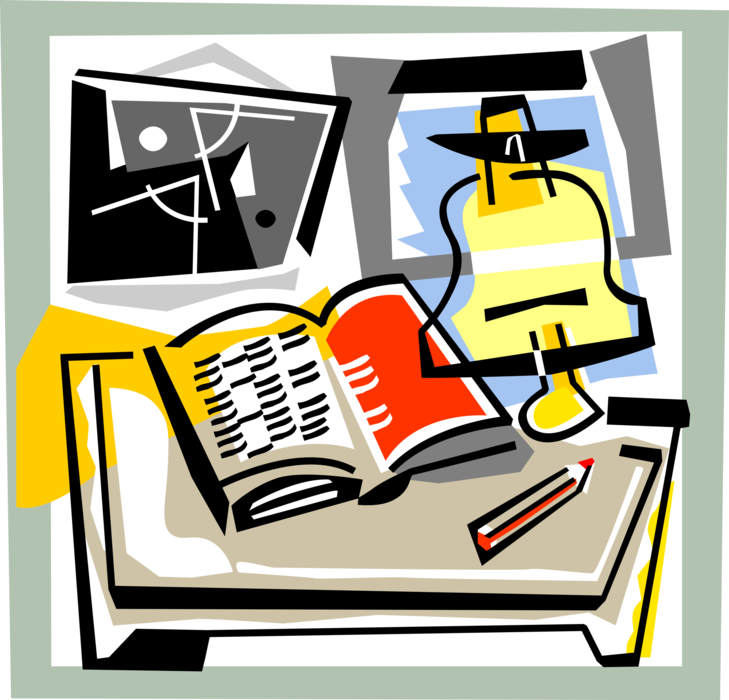 Vector Illustration of School Student Desk with Textbook and School Bell