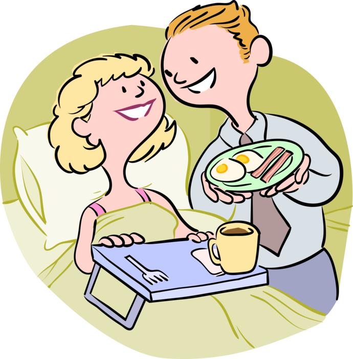 Vector Illustration of Husband Serves Wife Bacon and Egg Breakfast in Bed on Mother's Day