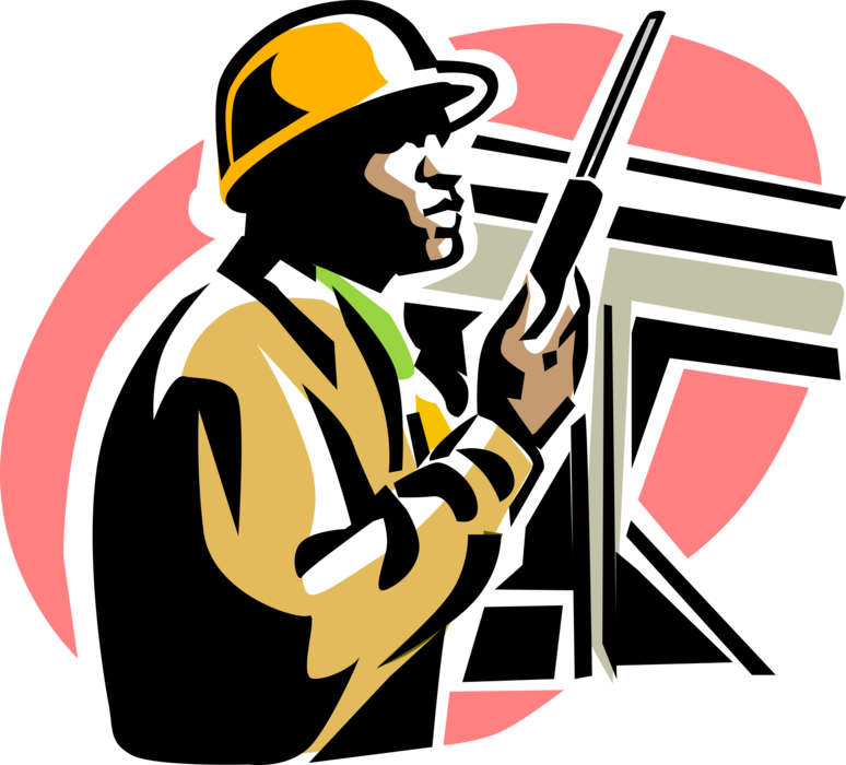 Vector Illustration of Construction Worker on Building Site Directs Work with Hand-Held Walkie-Talkie