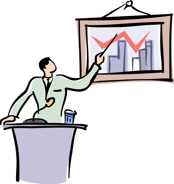 Vector Illustration of Businessman Gives Presentation at Podium with Chart