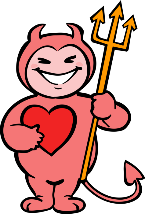 Vector Illustration of Little Devil in Satan Costume with Love Heart and Pitchfork