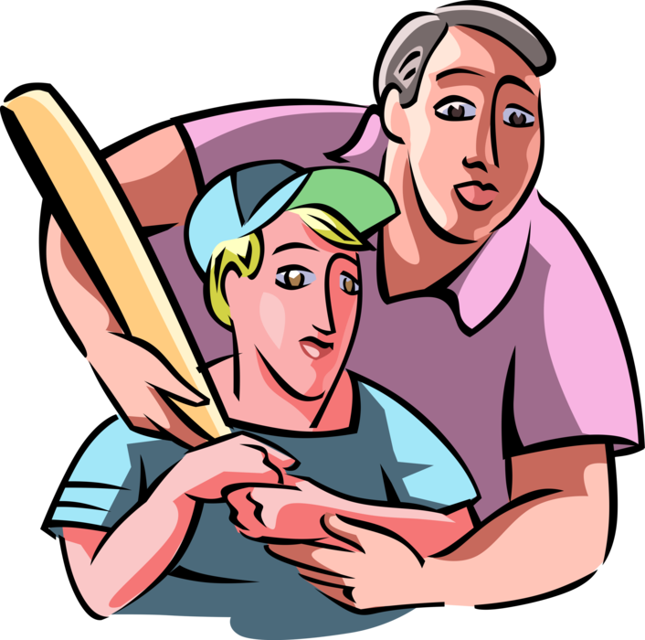 Vector Illustration of Father Teaches Son to Play Baseball with Bat