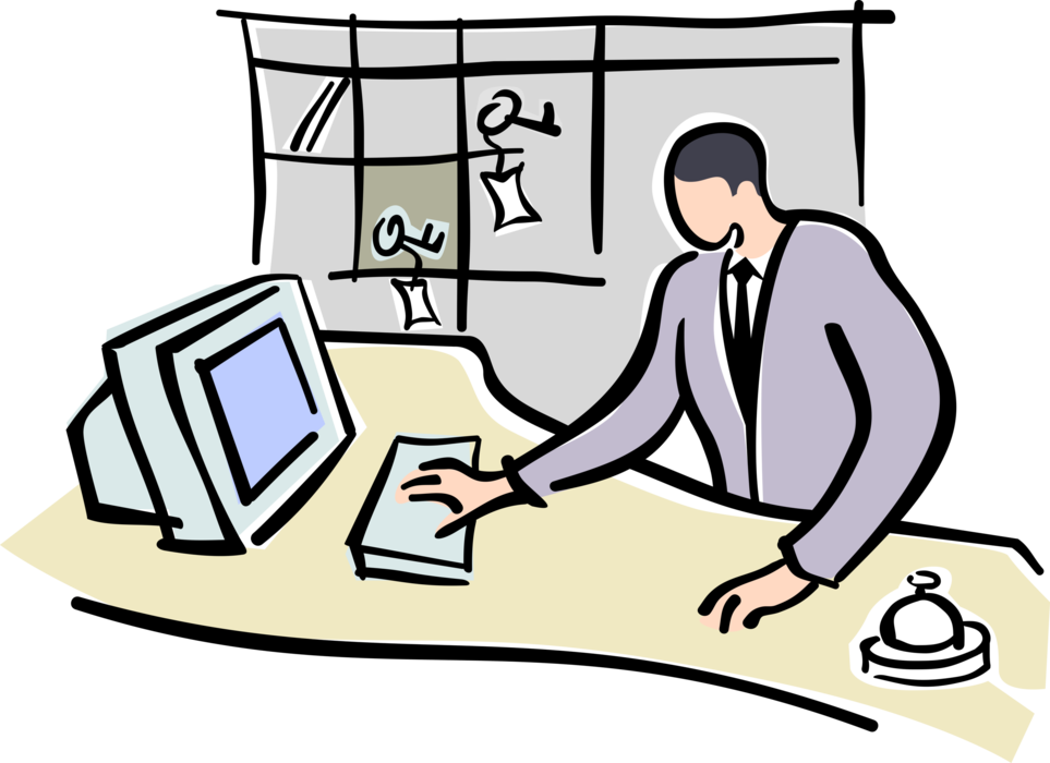 Vector Illustration of Hospitality Industry Hotel Front Desk Check-In Clerk with Computer
