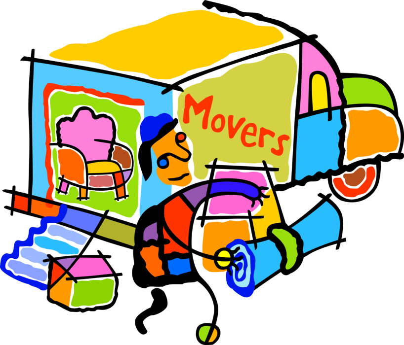 Vector Illustration of Home Moving Company Mover and Delivery Truck Delivers Boxes and House Furnishings