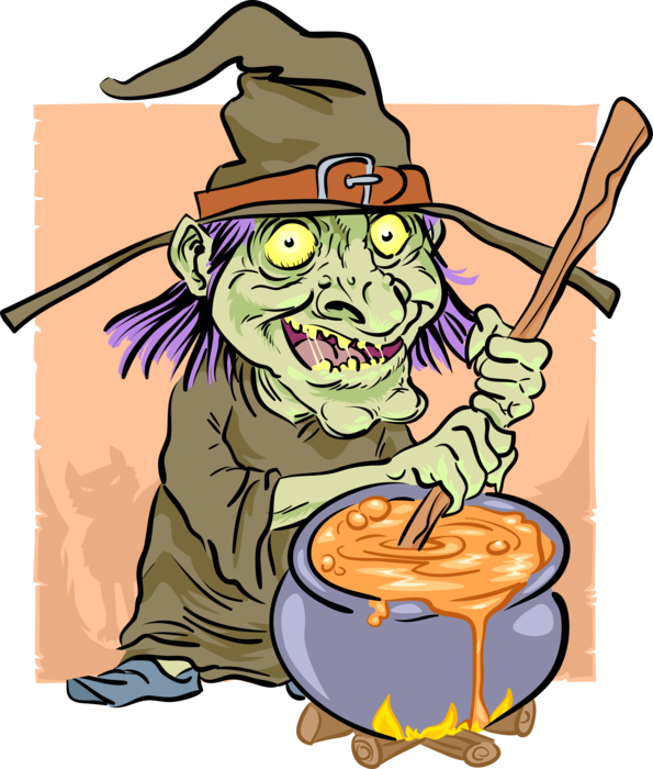 Vector Illustration of Witch Brewing Potion in Kettle Pot Over Fire