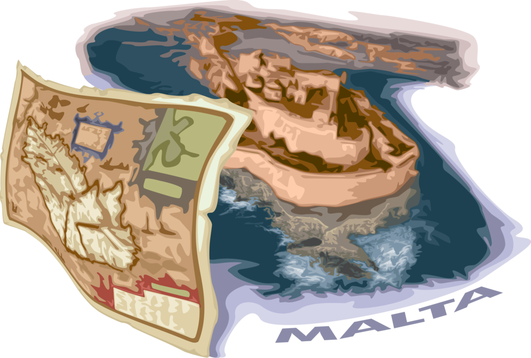 Vector Illustration of Mediterranean Archipelago of Malta with Map with Roman Fortress Ruins