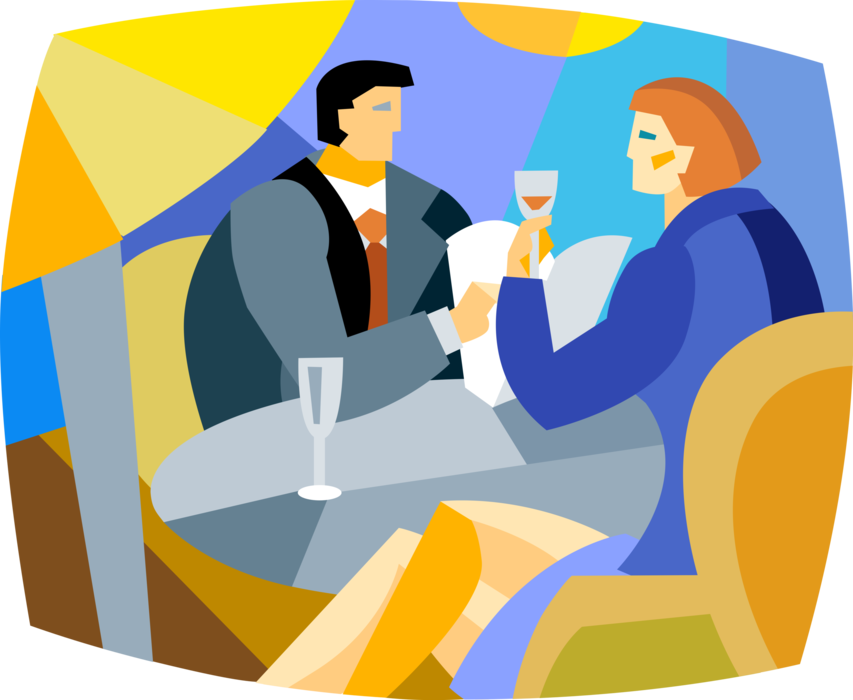 Vector Illustration of Couple Seated at Restaurant Table with Glass of Wine