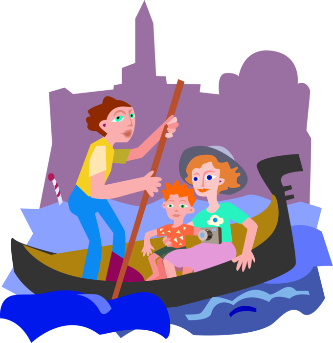 Vector Illustration of Venetian Gondolier in Venice Canal with Gondola and Tourist Passengers, Italy