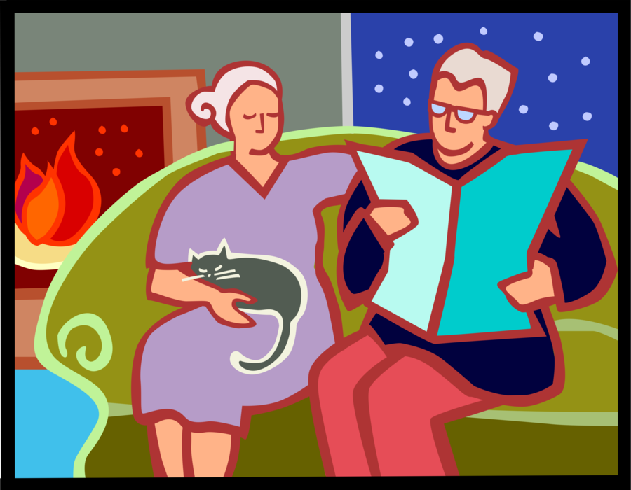 Vector Illustration of Retired Elderly Couple Relaxing with Cat in Front of Fireplace Fire