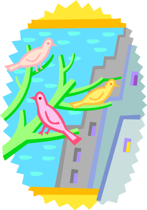 Vector Illustration of Birds in Tree Branches with Encroaching Urban Sprawl