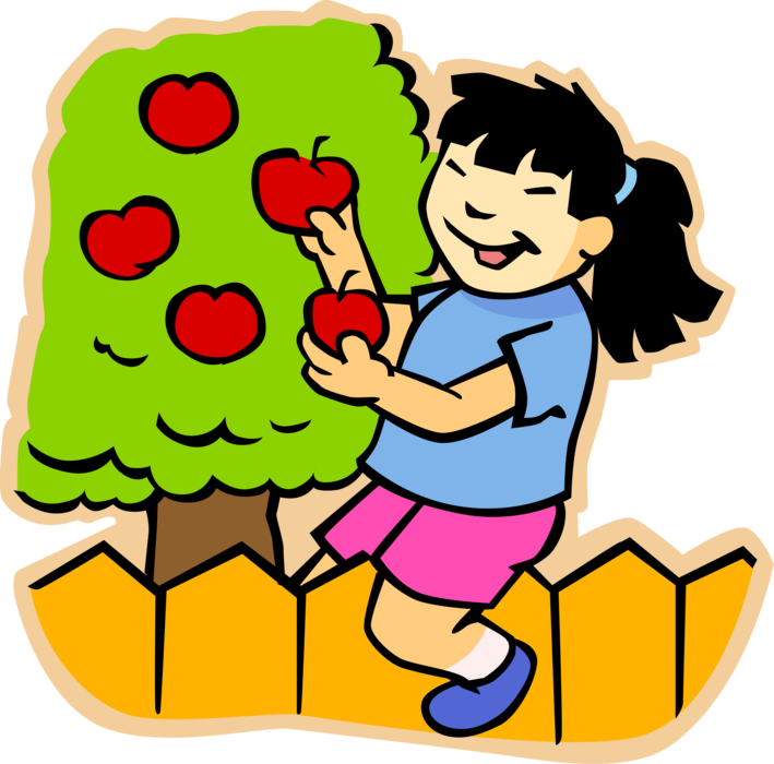 Vector Illustration of Primary or Elementary School Student Asian Girl Climbs Neighbor's Fence to Pick Apples