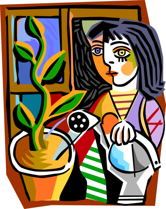 Vector Illustration of Picasso Inspired Watering an Indoor Houseplant