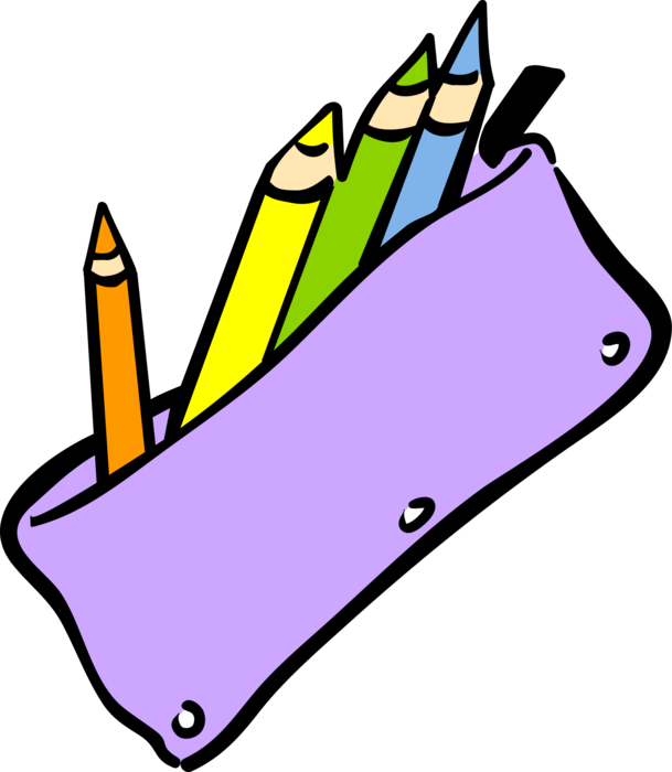 Vector Illustration of Student's School Pencil Case with Colored Pencil Writing and Drawing Instruments