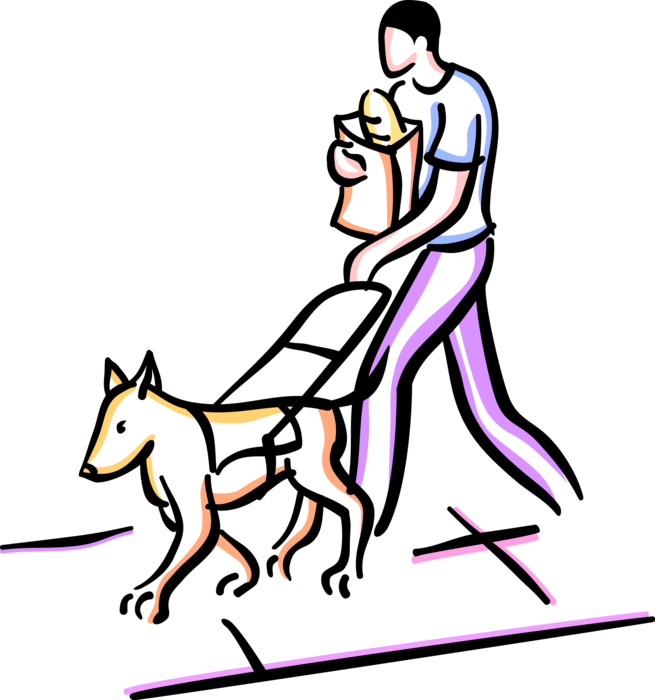 Vector Illustration of Sight Impaired Blind Person Walks with Seeing Eye Guide Dog