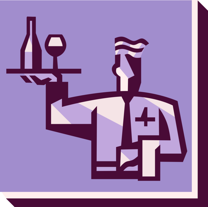 Vector Illustration of Restaurant Maître d'hôtel Waiter with Serving Tray Wine Bottle and Glass