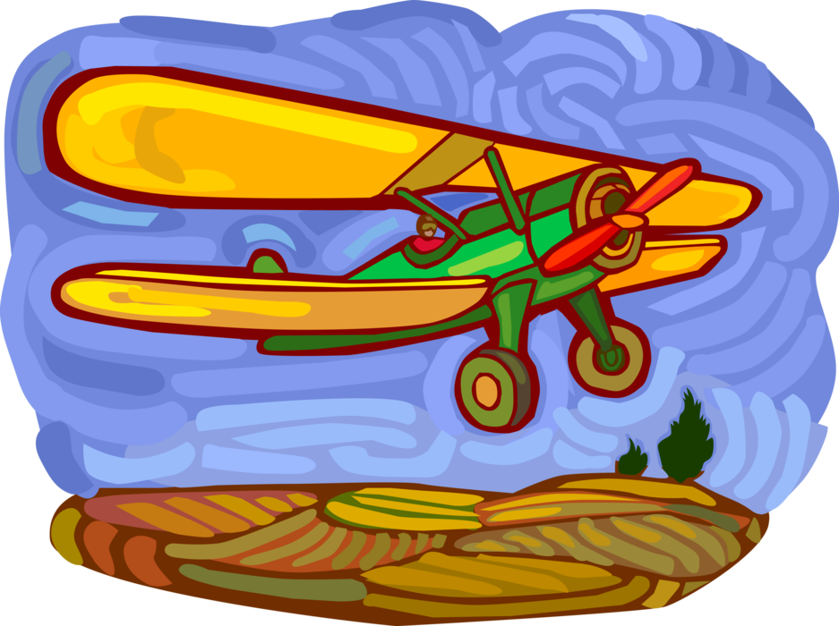 Vector Illustration of Biplane Fixed-Wing Aircraft with Two Main Wings in Flight
