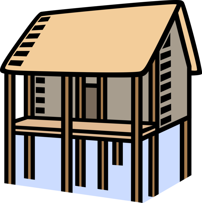 Vector Illustration of House on Stilts Architecture to Avoid Flood Damage