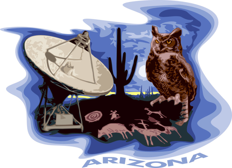Vector Illustration of Arizona Great Horned Owl with Cave Paintings, Sonora Desert and Satellite Dish Antenna
