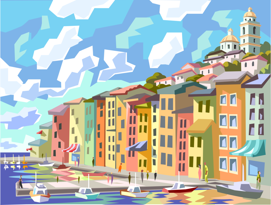 Vector Illustration of European Seaside Harbor with Boats Docked