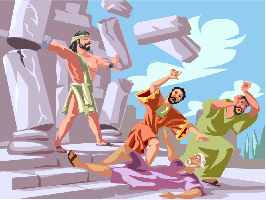 Vector Illustration of Samson Topples Temple by Pushing the Pillars Biblical Story