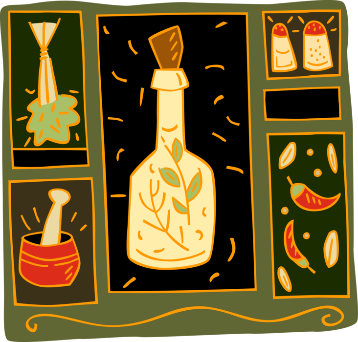 Vector Illustration of Spices with Peppers and Olive Oil