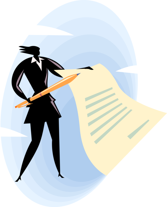 Vector Illustration of Businesswoman with Pencil and Business Contract for Signature