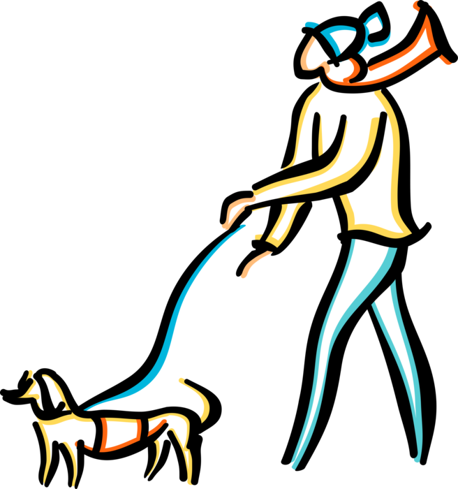 Vector Illustration of Dog Owner Walks Family Pet Dog Outdoors in Winter