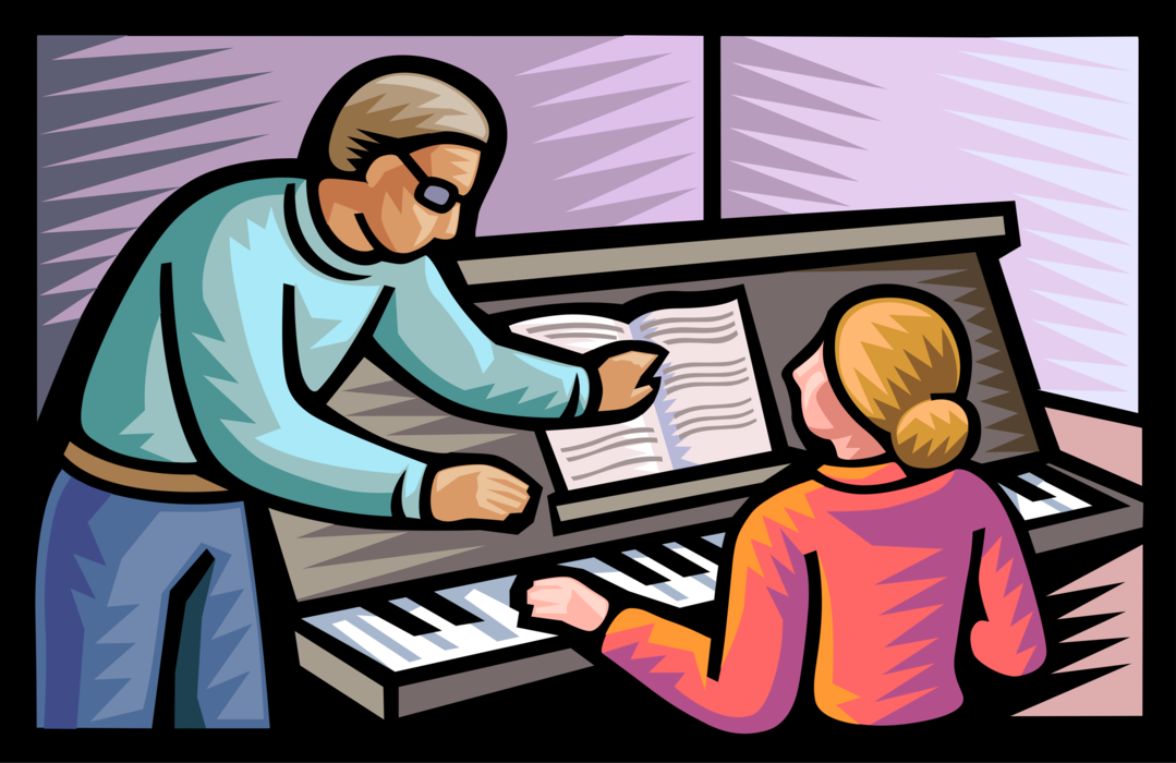 Vector Illustration of Piano Teacher Gives Lessons to Student Reading Sheet Music