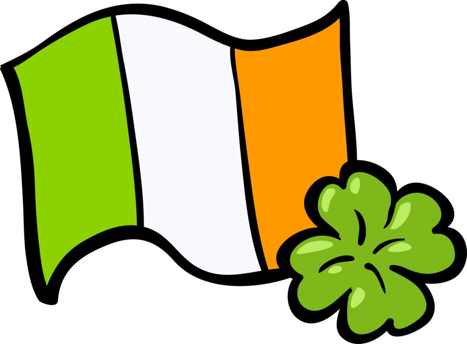 Vector Illustration of Irish Flag of Ireland with St. Patrick's Day Four-Leaf Clover Lucky Shamrock