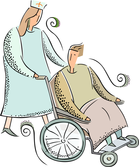 Vector Illustration of Patient in Handicapped or Disabled Wheelchair with Hospital Nurse