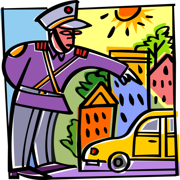 Vector Illustration of Traffic Cop Police Officer Directing Flow of Traffic in Rush Hour