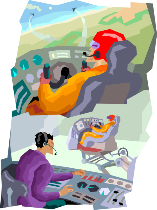 Vector Illustration of Jet Pilot Training in Flight Simulator with Control Room Operator