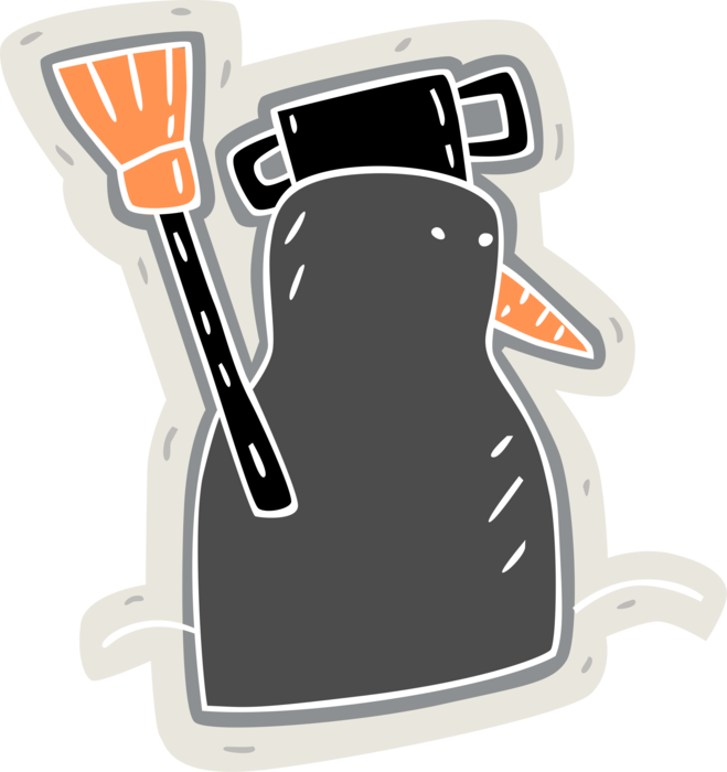 Vector Illustration of Snowman Anthropomorphic Snow Sculpture with Dust Pan Hat and Broom, with Carrot Nose