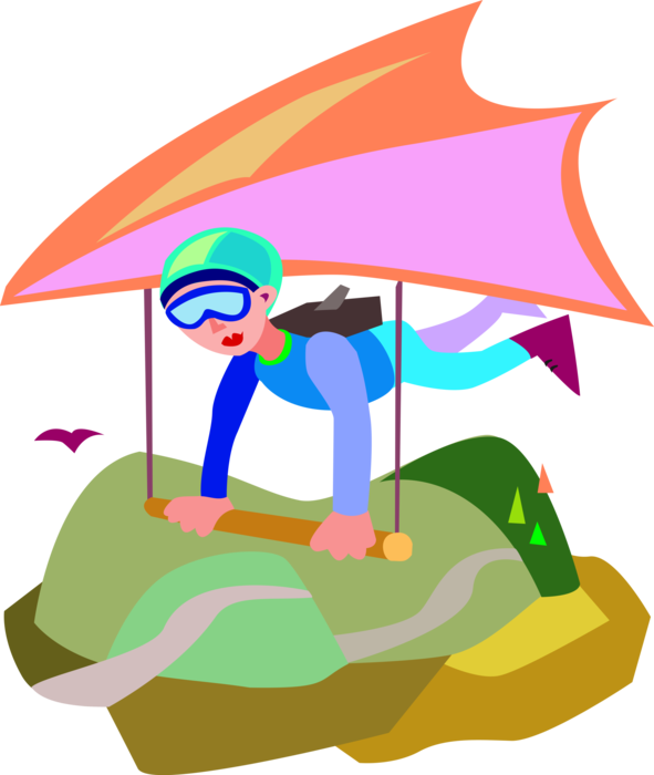 Vector Illustration of Hang Gliding Pilot Flies Hang Glider High Above the Ground