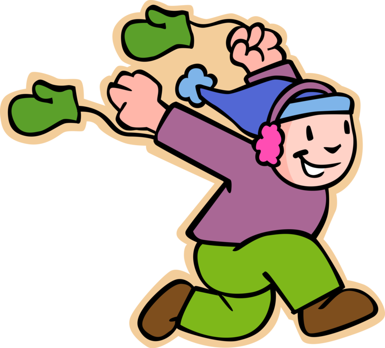 Vector Illustration of Primary or Elementary School Student Boy Runs With Winter Mittens