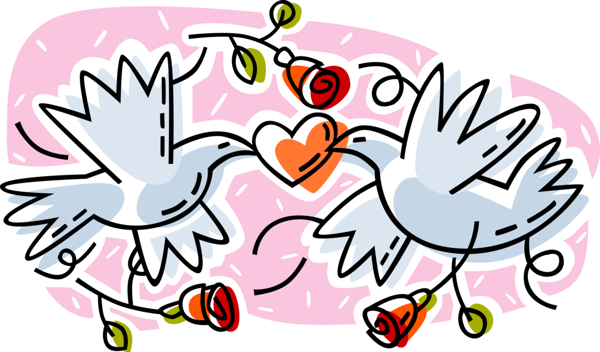 Vector Illustration of Doves with Romance Love Heart and Rose Flowers