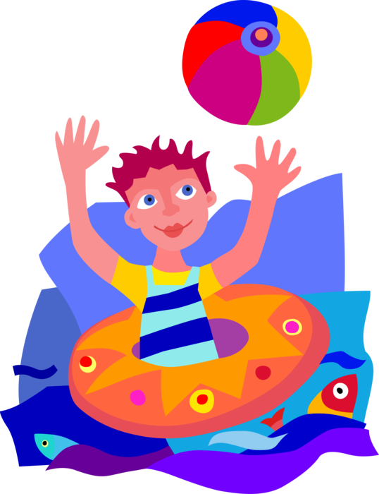 Vector Illustration of Playing in Water with Beach Ball and Inflatable Life Ring