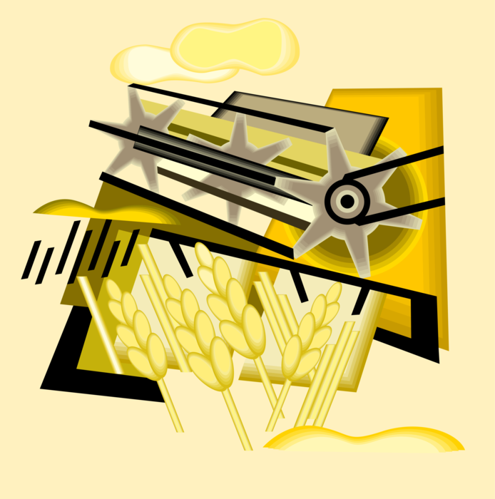 Vector Illustration of Farming Equipment Combine Harvesting Wheat Cereal Grain Crop