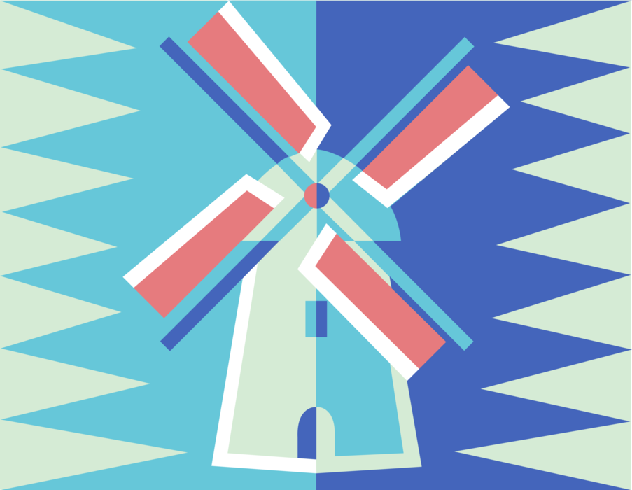 Vector Illustration of Netherlands Dutch Windmill Convert Wind Energy into Rotational Energy