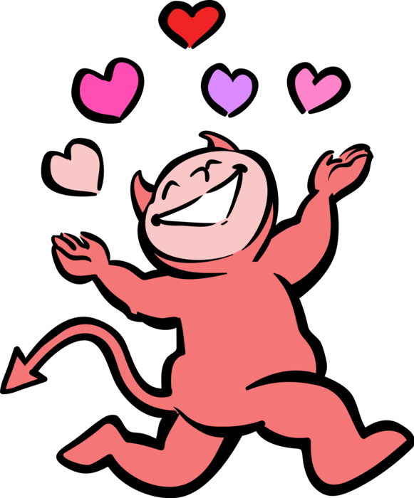 Vector Illustration of Romantic Little Devil in Satan Costume Juggles Love Hearts