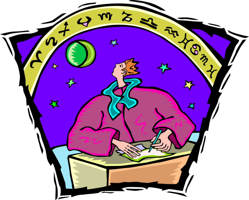 Vector Illustration of Astrologist Interprets Astrology and the Influence of Heavenly Bodies on Human Affairs