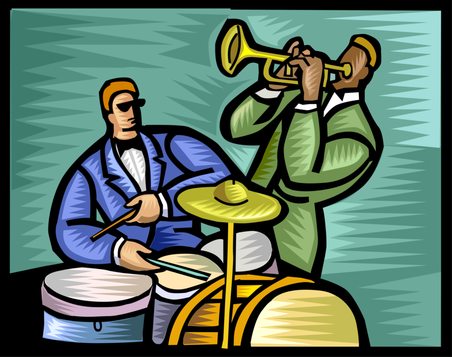 Vector Illustration of Jazz Musicians Playing Drum Set and Trumpet Brass Musical Instrument