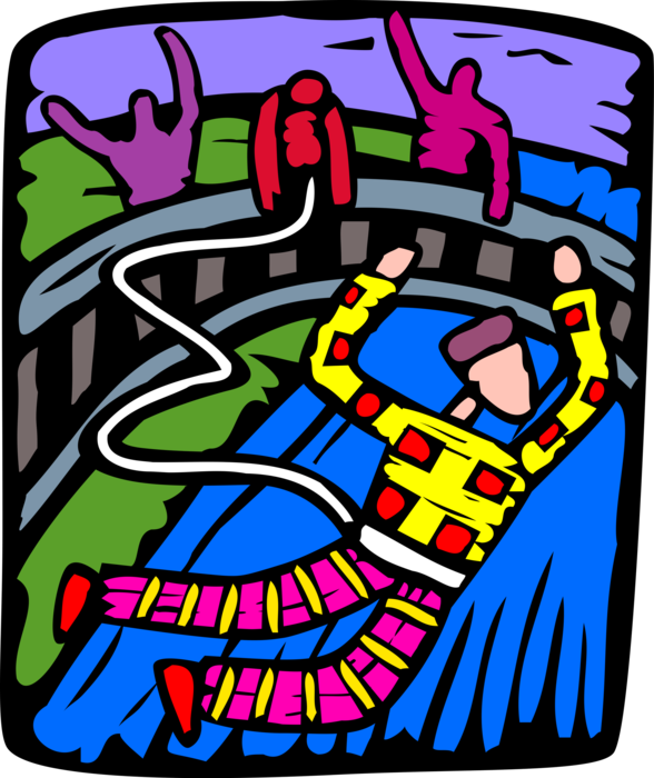 Vector Illustration of Bungee Jumper Jumps with Elastic Rope from Bridge High Above Water