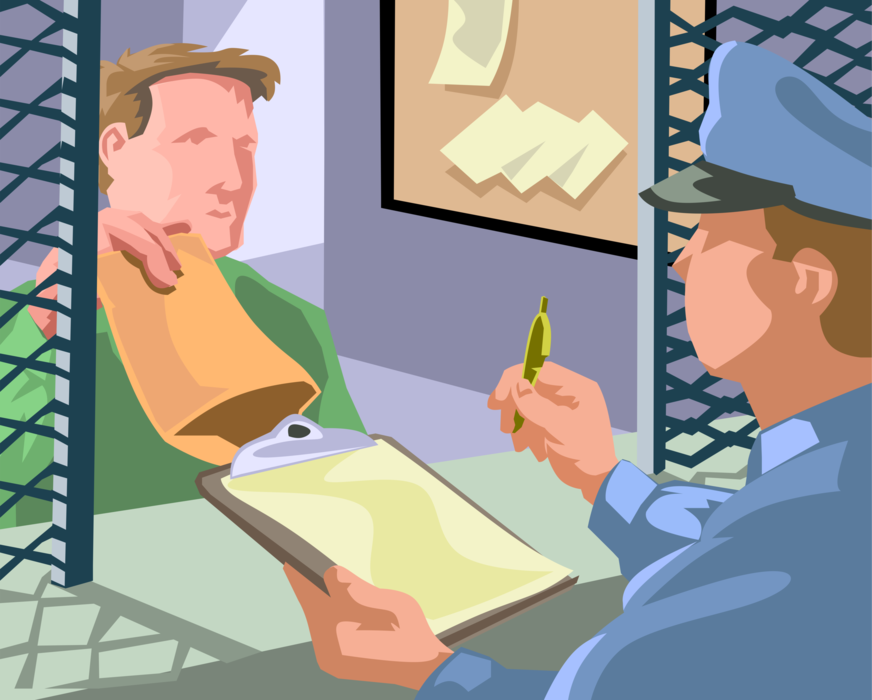 Vector Illustration of Prisoner Retrieves Personal Items and Provides Signature Upon Release from Jail