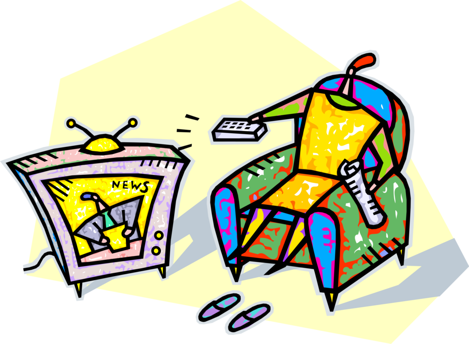 Vector Illustration of Relaxing in Chair with Newspaper Watching TV Television News
